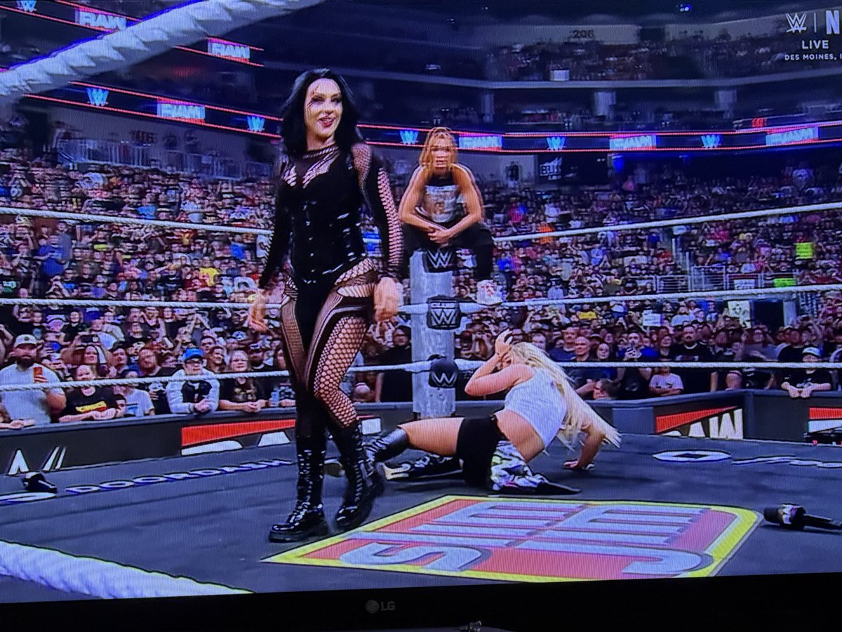 primetime0493's tweet photo. The Man Becky Lynch watching The Judgment Day WWE Women’s World Champion Liv Morgan getting her ass beaten by The Dark Angel Stephanie Vaquer #WWERaw #TheJudgmentDay #BeckyLynch #LivMorgan #StephanieVaquer https://t.co/HV8tZaKtSP