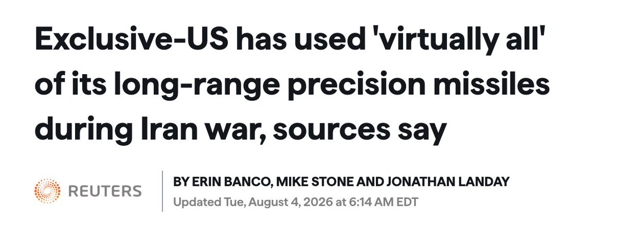 esaagar's tweet photo. Reuters: US has used 'virtually all' of its long-range precision missiles during Iran war (ATACMS, PrSMs) per an interal US government asessment

CENTCOM used everything they had before the war and have drawn down from rest of the world to critical levels https://t.co/tJnOYn8022