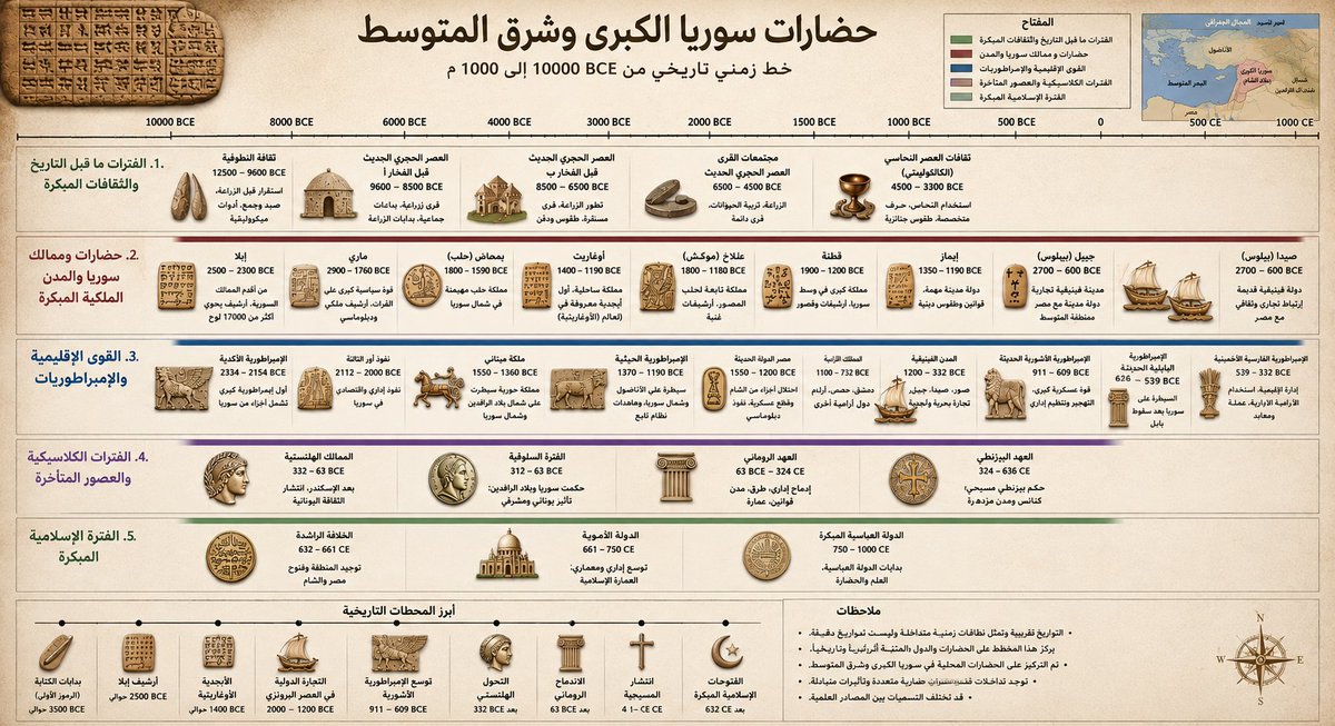 New_age83's tweet photo. 📌لا يقاس عمر الأوطان بحدودها السياسية،بل بذاكرة الأرض.
على هذه الأرض،تعاقبت حضارات وممالك وإمبراطوريات تركت بصمةً لا تزال تُقرأ في الألواح الطينية،والنقوش،واللغات.
هذا الإنفوغراف محاولة لتقديم تسلسل زمني،يستند إلى الأدلة الأثرية والدراسات التاريخية،بعيداً عن الأساطير والمبالغات. https://t.co/rIq1s7t3cC