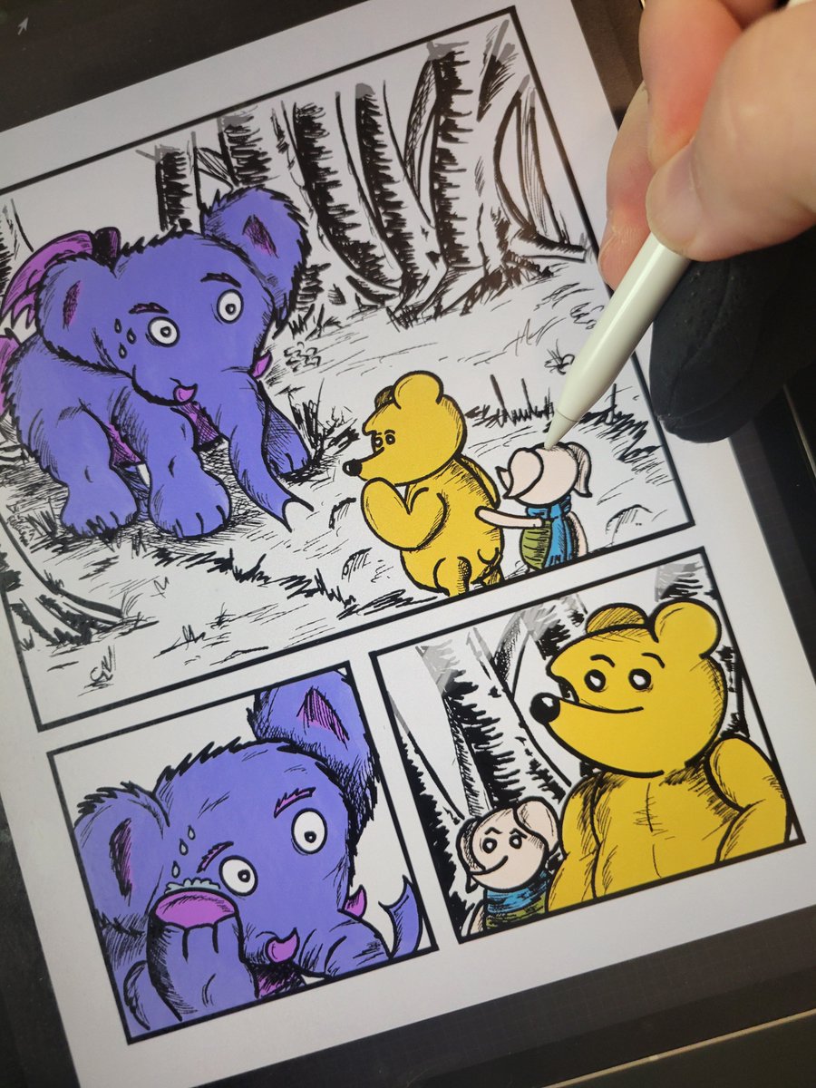 alt_world's tweet photo. This mornings drawing board time saw the flats done for the main characters on the page 👍 

#comics #noredshirts #winniethepooh #heffalump #wip https://t.co/aejJvlZI3n