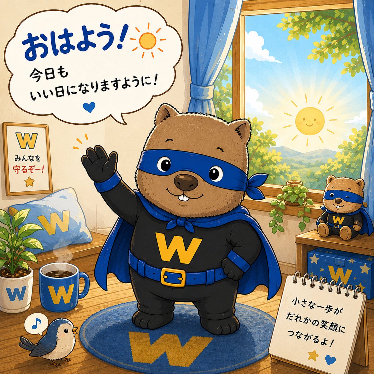 MeMaYuZ's tweet photo. ☀️おはようございます😊
今日も笑顔でスタート！✨
ヒーローも、まずは元気なあいさつから💙
あせらず、自分のペースでいこうね🍀
今日もすてきな一日になりますように🌼

#ウォンバットマン #オリジナルキャラクター #おはよう #朝の挨拶 #癒し #天然ヒーロー https://t.co/aShELiv0JY