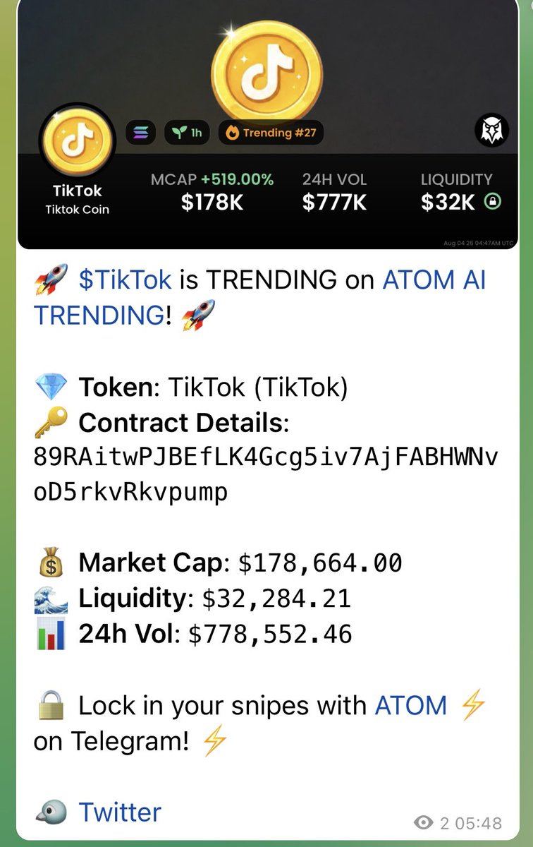 AtomAiMev's tweet photo. >> Another massive call, 🔥🔥20x+ on the radar! 
On $TikTok coin
 
>> Entry Alert: ~$178K Market Cap
>> Peak: ~$3.1M Market Cap
>>  24H Performance: +10,942%

Our goal is simple: identify high-potential opportunities before the crowd finds them.

• The next big move could be loading right now.
• Join ATOM AI and get access to real-time trending calls and market intelligence.