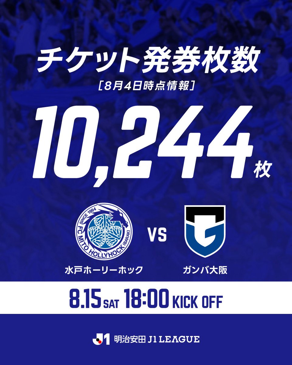 hollyhock_staff's tweet photo. 🏟ホーム開幕戦🆚 ガンバ大阪
📅2026年8月15日(土)18:00キックオフ

【チケット発券枚数情報】
🎫10,244枚（8/4時点）
🔻チケット購入はこちらから🔻
https://t.co/yR4nZo1w9K

ホーム開幕戦まであと11日📣
お早めのチケット確保を‼️
🌟ケーズデンキ・キッズパスポート
対象：茨城県内在住の未就学児・小学生
→https://t.co/dW3EK8Fk0F

🎓TEENSSEAT presented by ＪＸ金属
対象：茨城県内在住・在学の中学生・高校生
→https://t.co/Hz4XEv3t0A

🌳OVER65PASS presented by ＪＸ金属
対象：茨城県内在住の65歳以上の方
→https://t.co/FL0DGvoy8M
#幕アガル #0815G大阪戦
#水戸ホーリーホック