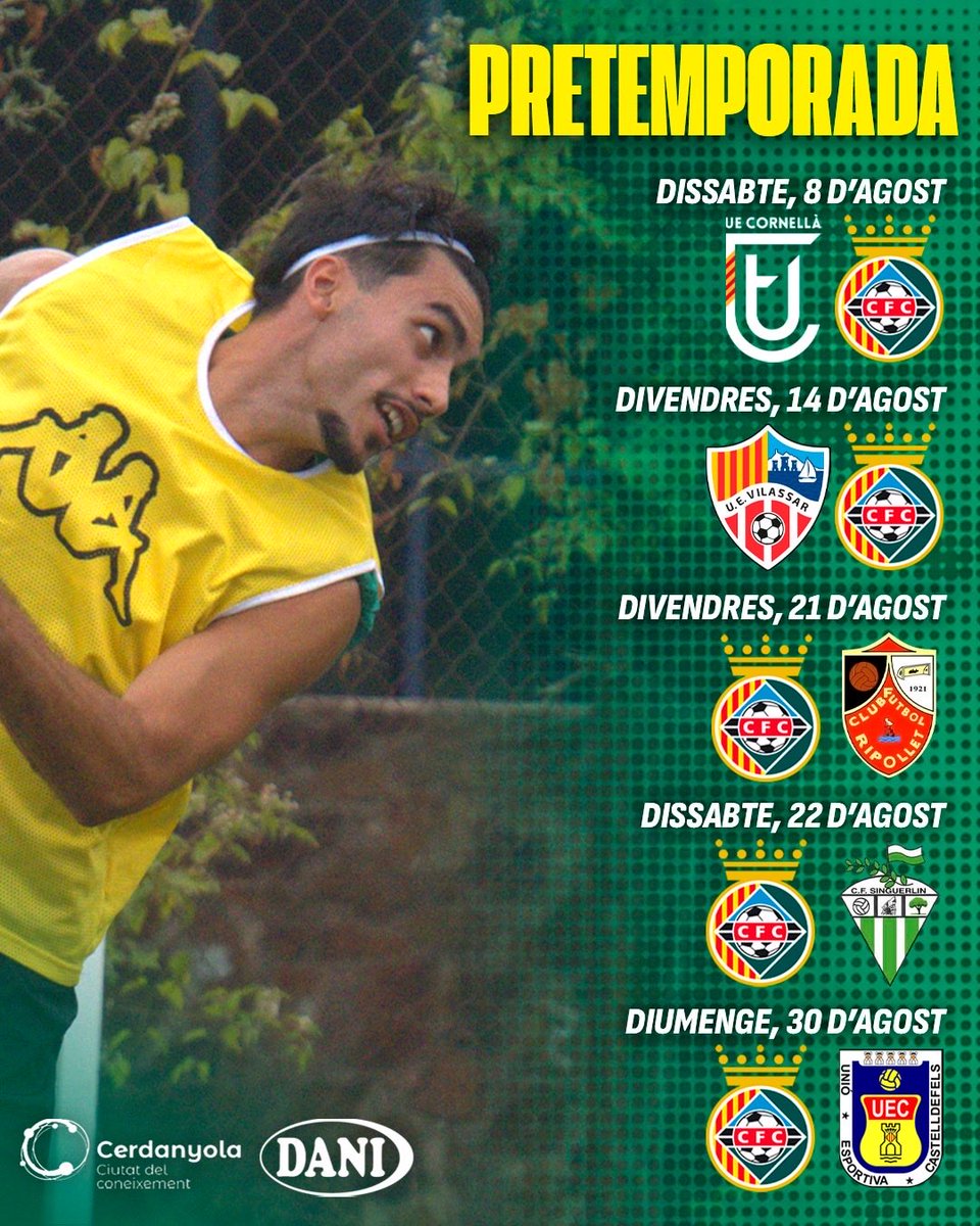 CERDANYOLAFC's tweet photo. 🔝Comencem la 𝑷𝒓𝒆𝒕𝒆𝒎𝒑𝒐𝒓𝒂𝒅𝒂!

🗓️Ja teniu el calendari oficial!

#cerdanyolafc #cerdanyola #futbol #3RFEF #SomVerds https://t.co/oGOTE9uJXb