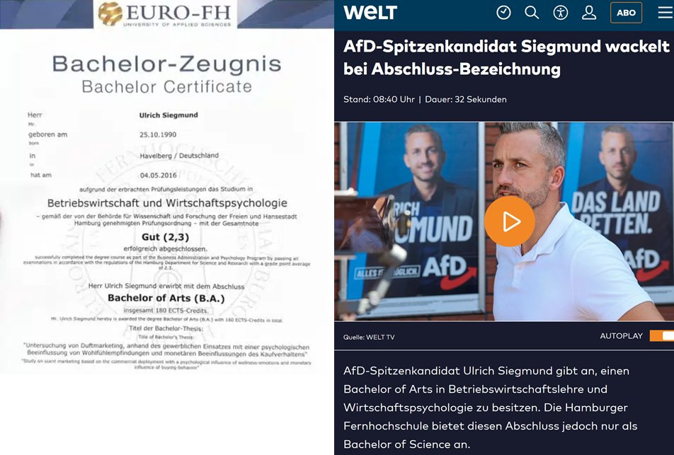 SHomburg's tweet photo. Das Zeugnis ist aufgetaucht, eine weitere Rufmordaktion gescheitert. Mich beschleicht der Verdacht, dass man gegen @UlrichSiegmund rein gar nichts in der Hand hat. Trotzdem schändlich, wie Springer versucht, @dieLinke in die Regierung zu bugsieren.

Hintergrund: Entweder erhält die @AfD nächsten Monat die absolute Mehrheit und regiert allein. Oder die CDU holt die Linke ins Kabinett, die als zweitgrößte Partei wichtige Ministerien wie Finanzen oder Kultus erhält.

Das verstößt zwar gegen Merz' Brandmauer, aber im Bundestag sehe ich ja, wie die Kriegs-Parteien CDU und Linke miteinander schäkern, während sie AfD-Leuten nicht einmal die Hand geben.

Die Fernhochschule Hamburg hat ihren früheren Bachelor of Arts schlicht in Bachelor of Science umbenannt, aber Bachelor ist Bachelor und Wirtschaftskompetenz genau das, was den anderen Parteien fehlt.
