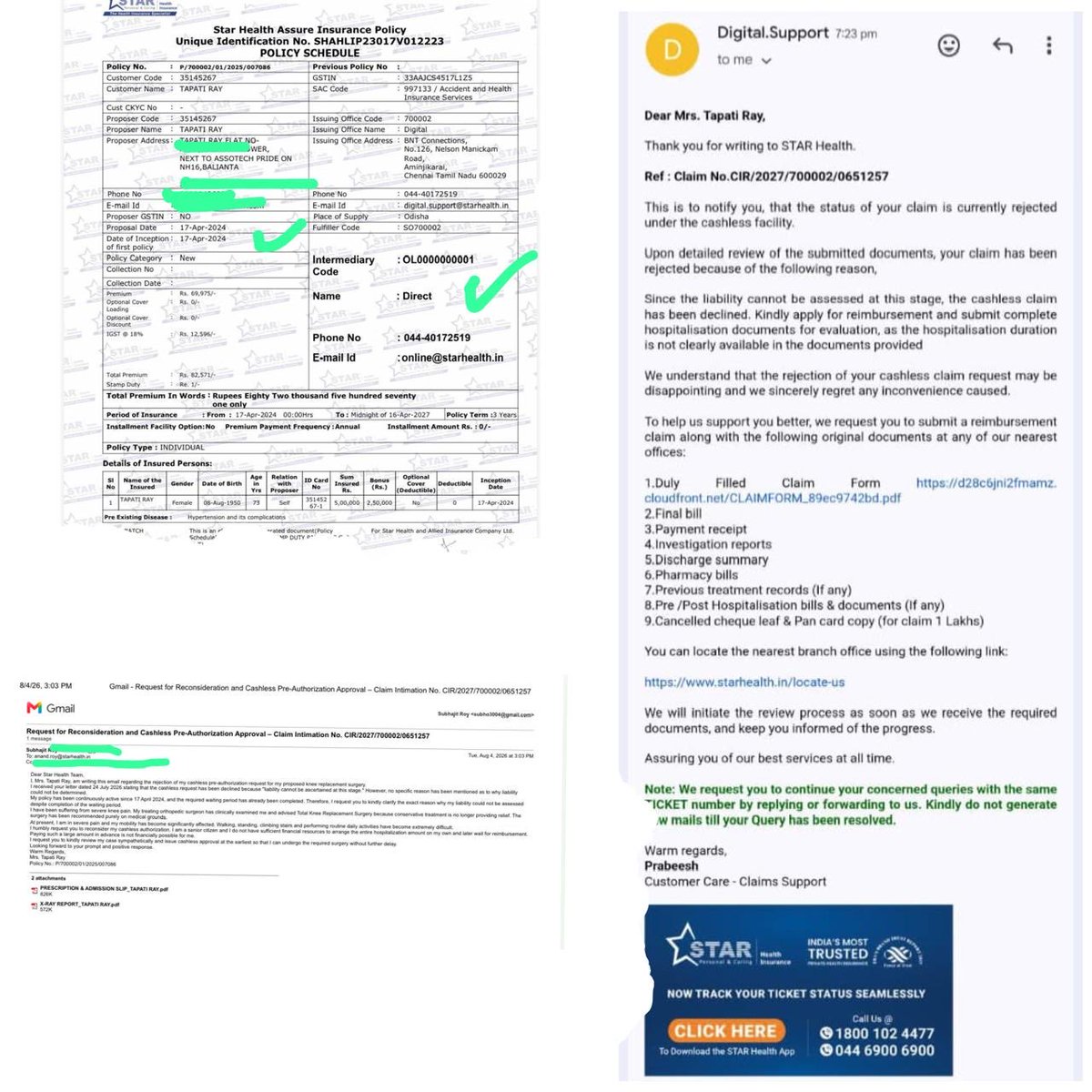 SanjayYada7n's tweet photo. 🚨 73-year-old lady Tapti Roy. Severe knee pain.. Knee replacement surgery advised. Apollo Hospital Treating doctor certificate also attached. 

#JusticeForTapti Ma’am 
@StarHealthIns @ANANDSROY 

What can be done in Reimbursement same can be done in cashless - Kindly ask your query instead of cashless rejection.. try to find out reason to deluge the promise. 

👉Expected bill: ₹2.7lakh.
👉Policy Start Date -  17 April 2024
👉Sum Insured - 5L + 2.5L Bonus
👉This is 3rd Yr of Policy 

She has a Star health insurance policy.

The hospital is in Star Health’s network.

The hospital applied for cashless approval.

The response:👇
“Liability cannot be ascertained at this stage.”

Today, this elderly family is worried about arranging ₹2,70,000 before surgery. At this age she needed to delay the surgery. Due to delay of surgery if she gone through emotional or panic medical condition star health need to take full liability. 

We are trying our best to help this family get clarity and a fair review.

Now my questions to Star Health:

❓If liability couldn’t be ascertained, why not ask for the required documents from your network hospital?

❓If the claim is ultimately payable through reimbursement, why should a 73-year-old patient arrange ₹3 lakh first?

❓Isn’t the purpose of cashless health insurance to avoid exactly this situation?

One more important point…

This policy was purchased online.

Today, there is no advisor to fight and ask insurer a question tapti need all of support to escalate this. 

Do Repost, and Ask your question with insurer 

#Insurance #HealthInsurance #Claim #IRDAI #JusticeForTapti