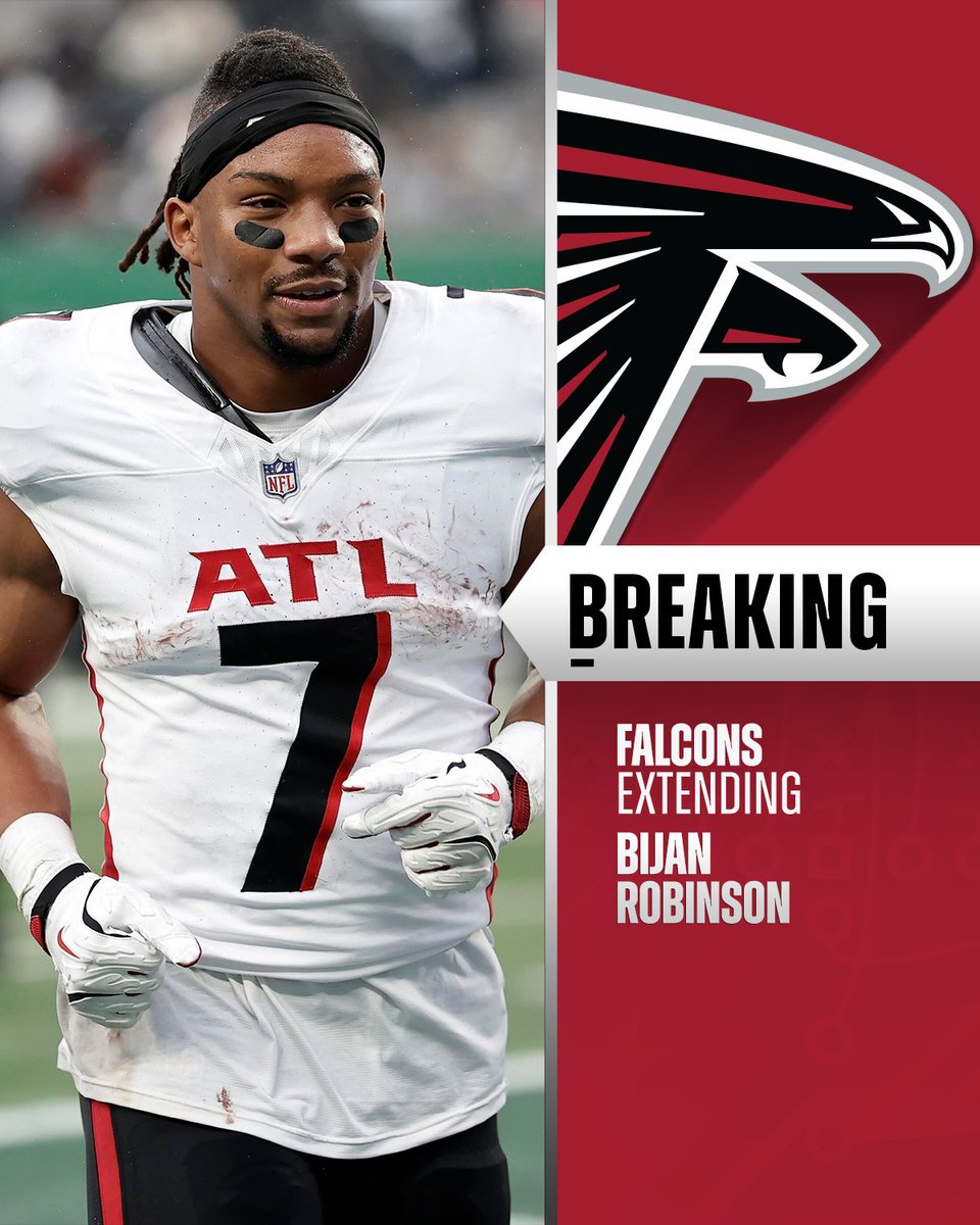 NFL's tweet photo. BREAKING: Falcons and RB Bijan Robinson agree to terms on 3-year extension worth up to $75M, including $51M guaranteed, making him the highest-paid RB in NFL history. (via @AdamSchefter, @RapSheet) https://t.co/1xYt8PLoyb