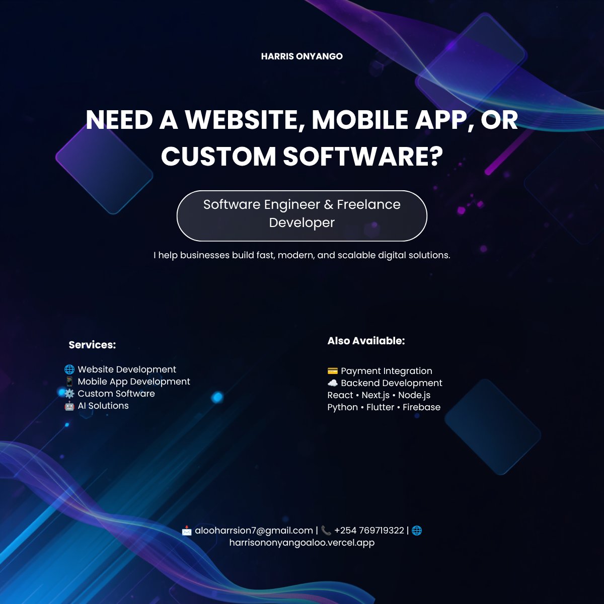 HarrisonAlooDev's tweet photo. Need a website, mobile app, or custom software?

I build modern, scalable digital solutions for startups and businesses.

🌐 https://t.co/cctSEAkvxg

#WebDevelopment #BuildInPublic #SoftwareEngineer #ReactJS #NextJS #RemoteJobs #RemoteWork https://t.co/KiFGWHjBLR