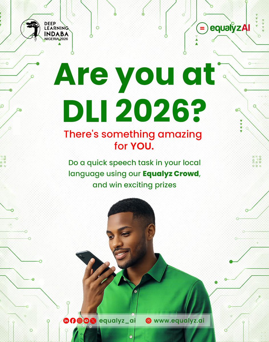 equalyz_ai's tweet photo. Are you at DLI (@DeepIndaba) 2026? There’s something special waiting for you!

We’ve got an exciting activity lined up at the @equalyz_ai booth! You can win awesome prizes just by completing a quick speech task in your native language using @equalyz_ai Crowd.

It takes only a few minutes, helps build the future of African language AI, and you walk away with cool rewards.

📍Visit the @equalyz_ai booth at Pan-Atlantic University.

🗣️ Perform a short speech task in your local language on Equalyz Crowd.

🎁 Win exciting prizes on the spot!

Don't pass by without stopping! Come say hello, test out @equalyz_ai Crowd, and claim your prize. See you at the booth!

#DeepLearningIndaba #Indaba2026 #EqualyzAI #EqualyzCrowd #AfricanLanguages #AIAfrica #LagosTech #SovereignAI