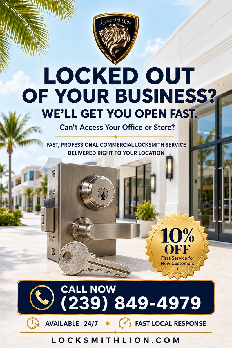 locksmithlion1's tweet photo. Locked out of your business? We’ll get you open fast.

Professional commercial locksmith service delivered to your location—available 24/7.

New customers receive 10% OFF their first service.

📞 (239) 849-4979
https://t.co/T5KRT3QCSn https://t.co/ILvNjLL6qb