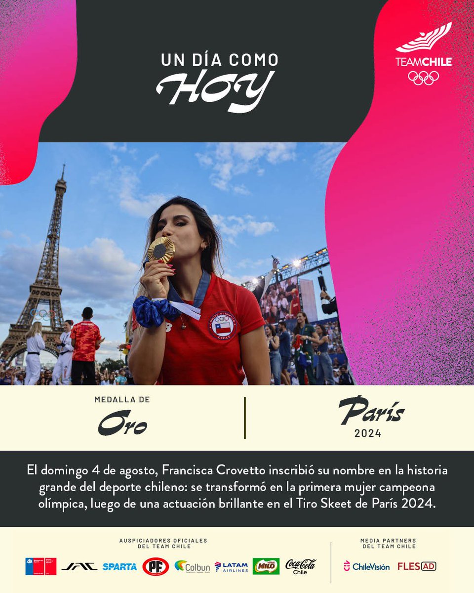 TeamChile_COCH's tweet photo. ✨EFEMÉRIDES OLÍMPICAS✨

El 4 de agosto de 2024, nuestra EXTRAORDINARIA 😍 @Francrovetto 👸🏽 hizo historia (y nos hizo llorar 😭) al coronarse como la primera deportista chilena en ganar un oro olímpico 🥇.

#VamosTeamChile 🇨🇱 https://t.co/2fuuU7Po1H