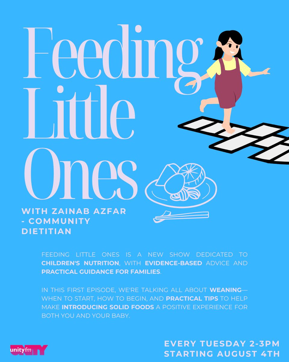 unityfm935's tweet photo. Join Zainab Azfar, Community Dietitian, for Feeding Little Ones. Our first episode covers weaning, when to start, how to begin, and practical tips for introducing solid foods.
π» Tuesdays, 2 to 3pm
π
Starts 4 August
#UnityFM #FeedingLittleOnes #Weaning #Parenting https://t.co/p7zIlU7AvO