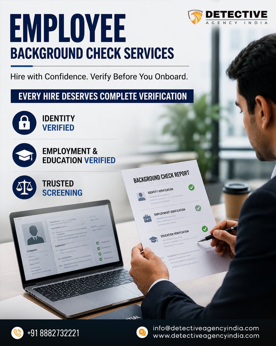 DIndia47737's tweet photo. Hire smarter with Detective Agency India.

Verify candidates with trusted employee background checks before onboarding.

✅ Identity Verification
✅ Employment &amp; Education Verification
✅ Trusted Screening

📞 +91 8882732221
🌐https://t.co/AExXdAkt7V

#EmployeeBackgroundCheck https://t.co/G7VkM1yX3A