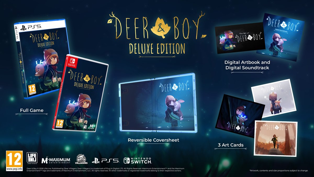 MaximumEntmt's tweet photo. We are delighted to announce that the Deer & Boy: Deluxe Edition will be releasing on October 20th for PS5 and Nintendo Switch!

The Deluxe Edition includes the full game, a reversible coversheet, 3 art card, a digital artbook and a digital soundtrack!

 Pre-order at major gaming retailers now ✨🦌👦 

@dearvillagers