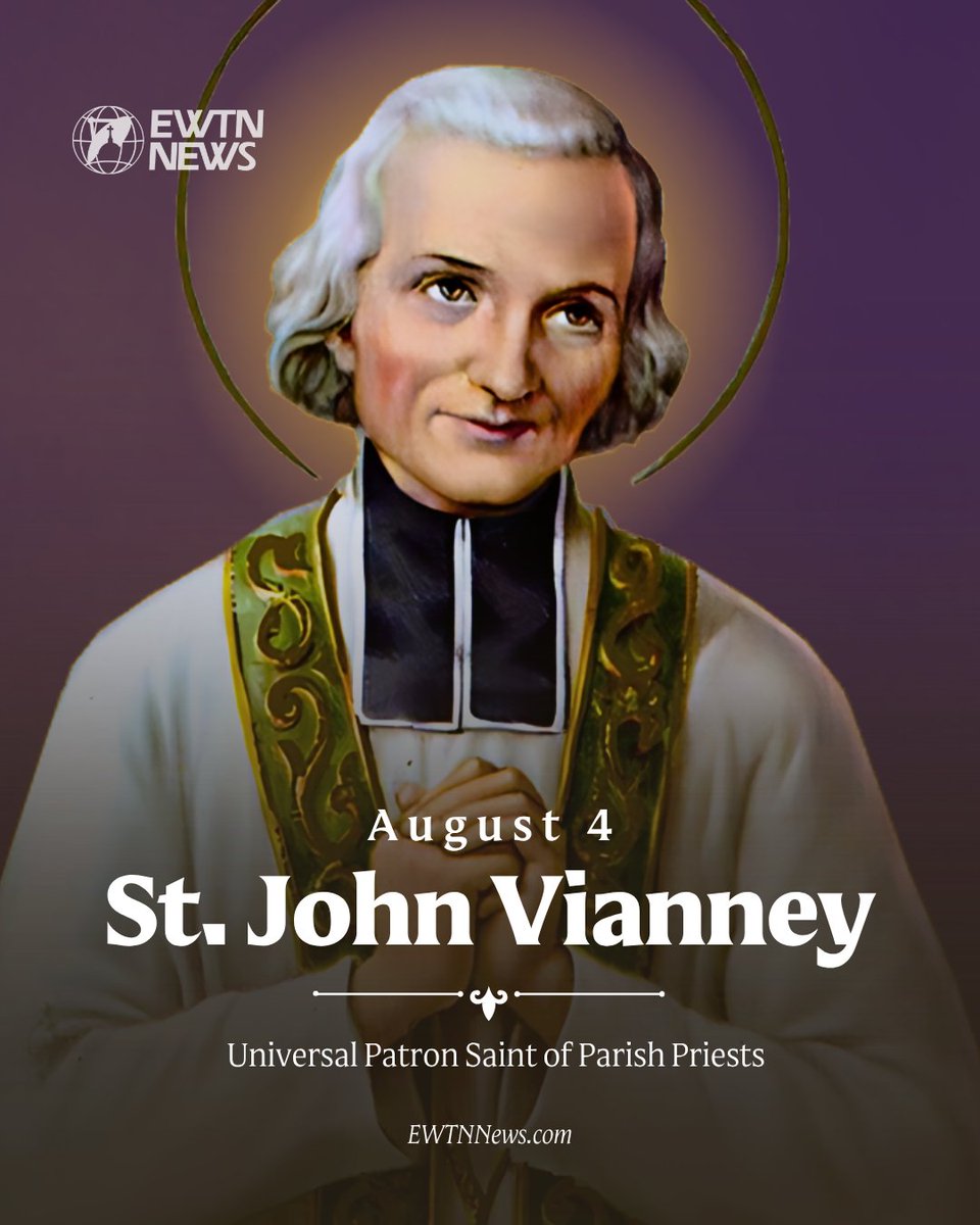 EWTNews's tweet photo. On August 4, the Church celebrates the feast day of St. John Vianney, patron of priests. 

John Vianney, also known as the Holy Curé de Ars, was born May 8, 1786 in Dardilly, near Lyon, France to a family of farmers. He was ordained a priest in 1815 and became curate in Ecully. He was then sent to the remote French community of Ars in 1818 to be a parish priest.

Upon his arrival, the priest immediately began praying and working for the conversion of his parishioners. Although he saw himself as unworthy of his mission as pastor, he allowed himself to be consumed by the love of God as he served the people. 

Vianney slowly helped to revive the community’s faith through both his prayers and the witness of his lifestyle. He gave powerful homilies on the mercy and love of God, and it is said that even staunch sinners were converted upon hearing him.  In addition, he restored his church, formed an orphanage, “La Providence,” and cared for the poor.

His reputation as a confessor grew rapidly, and pilgrims traveled from all over France to come to him in the Sacrament of Reconciliation.  Firmly committed to the conversion of the people, he would spend up to 16 hours a day in the confessional.

Plagued by many trials and besieged by the devil, the St. John Vianney remained firm in his faith, and lived a life of devotion to God.  Dedicated to the Blessed Sacrament, he spent much time in prayer and practiced much mortification. He lived on little food and sleep, while working without rest in unfailing humility, gentleness, patience and cheerfulness, until he was well into his 70s.

John Vianney died on August 4, 1859. Over 1,000 people attended his funeral, including the bishop and priests of the diocese, who already viewed his life as a model of priestly holiness.

The Holy Curé of Ars was canonized by Pope Pius XI in 1925.  He is the patron of priests.  Over 450,000 pilgrims travel to Ars every year in remembrance of his holy life.

https://t.co/5ZGfuykAYP