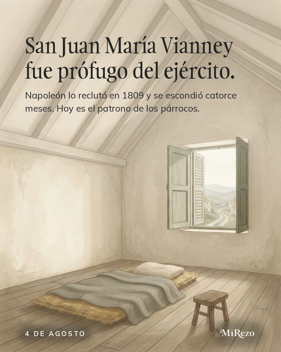 mirezoapp's tweet photo. 4 de agosto · San Juan María Vianney. 🙏

Napoleón lo reclutó en 1809 y nunca se presentó: catorce meses escondido, con nombre falso. Su hermano menor sirvió en su lugar.

Patrono de los párrocos.

https://t.co/W4Umf3BKBP https://t.co/8VcTYEgtzT