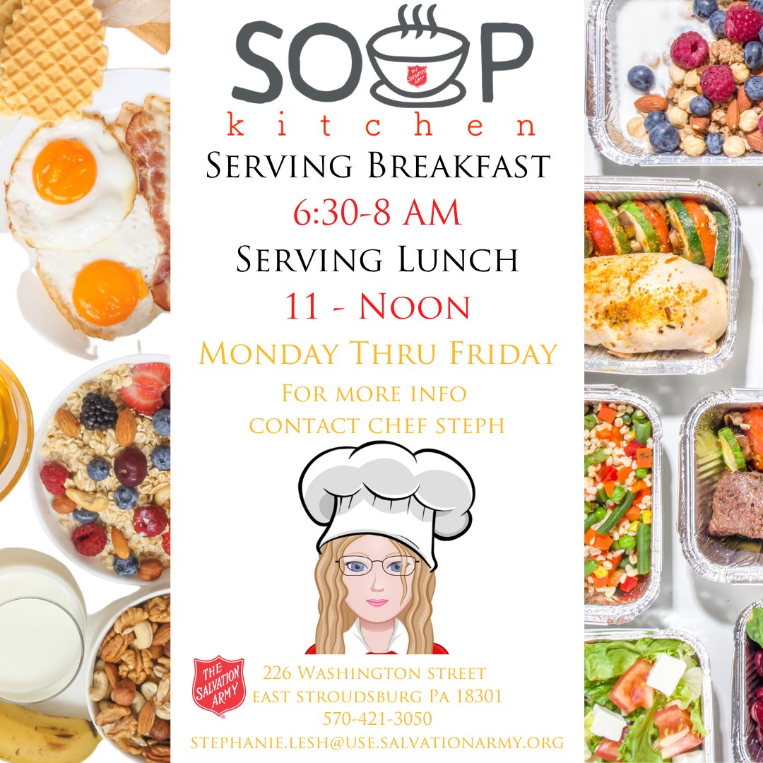SalArmyEBurg's tweet photo. 🍽️ Hungry? Our Soup Kitchen is open to everyone! Join us for breakfast from 6:30–8 AM or lunch from 11 AM–noon. Due to construction, seating is limited, but to-go meals are available. Stop by and see what Chef Steph has prepared today! ❤️ https://t.co/wRI9DRZlci
