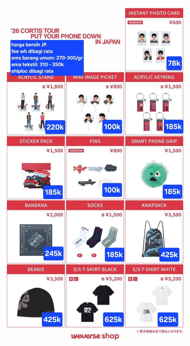 _glikolisa's tweet photo. OPEN PRE-ORDER CORTIS PYPD JAPAN TOUR MERCH

NOTICE:
📌Harga tertera BERSIH JP + fee checkout (tidak termasuk ems+tax fee wh) 
📌 Shiploc dibagi rata per item (ex; beli 2 item, shiploc x 2 dr besaran sharing) diinfokan kalau sudah sampai INA 
📌 Fee WH dibagi rata (note: 1 resi pembelian)
📌 Payment WAJIB bersih harga JP (boleh dicicil, sebelum flight ina WAJIB sudah lunas)

‼️ payment kalau sudah secured barangnya