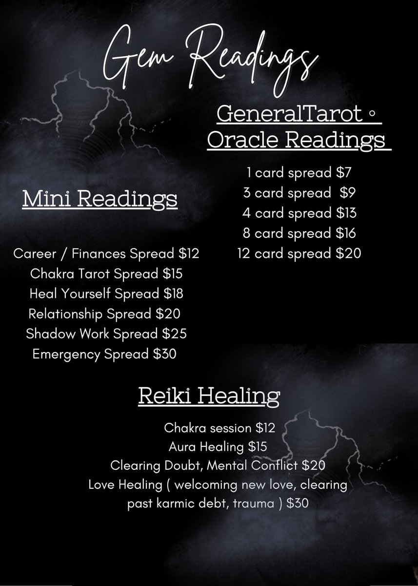 Callmeree_'s tweet photo. Hi gems! 💎 Open for same-day readings Please review the price list below before booking:
• 🤍 $10 Mini Reading (2 Questions or General)
• 🤍 $12 Mini Love Reading (2 Questions + Message from SP)
• 🤍 $15 Detailed Reading
• 🤍 $20 — Full https://t.co/PS5T1daAUA