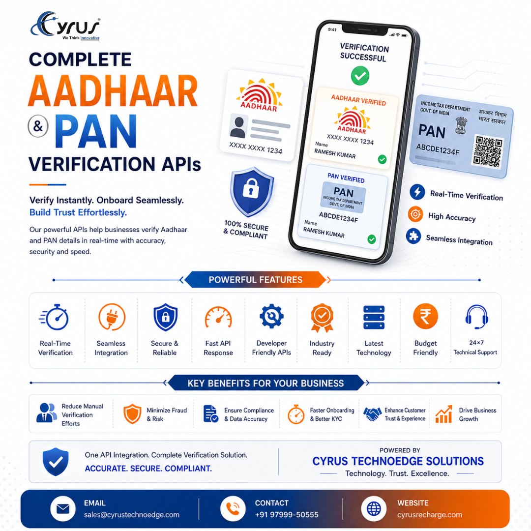 cymlmsoftware's tweet photo. Aadhaar &amp; PAN Verification API's Solutions || Cyrus Technoedge Pvt. Ltd.

#apiprovider #travelapi #aepsapi #rechargeapi #BBPS #Panverificationapi https://t.co/LTTgtWcTA8