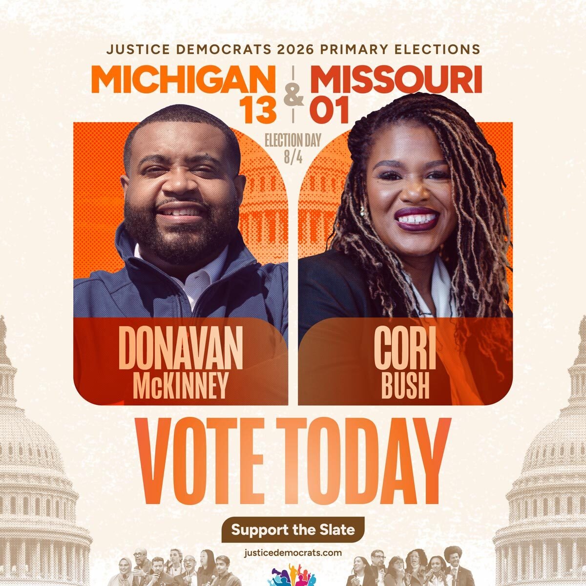 justicedems's tweet photo. It's ELECTION DAY in MI &amp; MO. 

We have the opportunity to beat two corporate incumbents backed by AIPAC &amp; Crypto and elect two working class champions.

@DonavanMI13 &amp; @CoriBush want to make life more affordable with Medicare for All, universal childcare, &amp; ending forever wars. https://t.co/rVr4wx4yr8