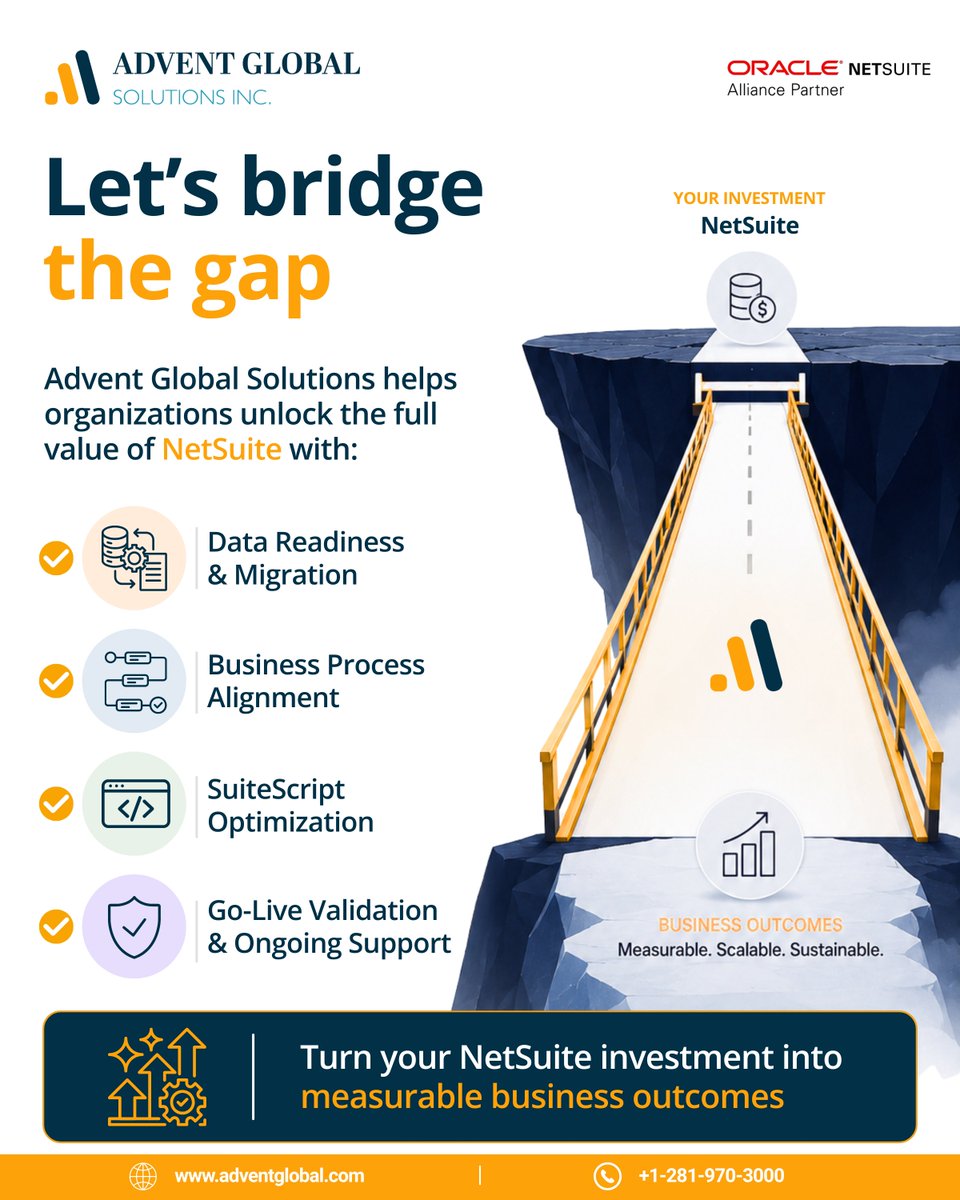 Advent_Global's tweet photo. An ERP implementation is only the beginning.

The real measure of success lies in user adoption, process optimization, and long-term business value. Without the right foundation, even the most capable ERP platforms can fall short of expectations.

At Advent Global Solutions, we help organizations bridge the implementation gap by aligning technology with business outcomes.

Explore our latest carousel for the key considerations that drive successful NetSuite implementations.

#NetSuite #CloudERP #DigitalTransformation #NetSuiteConsulting #AdventGlobalSolutions