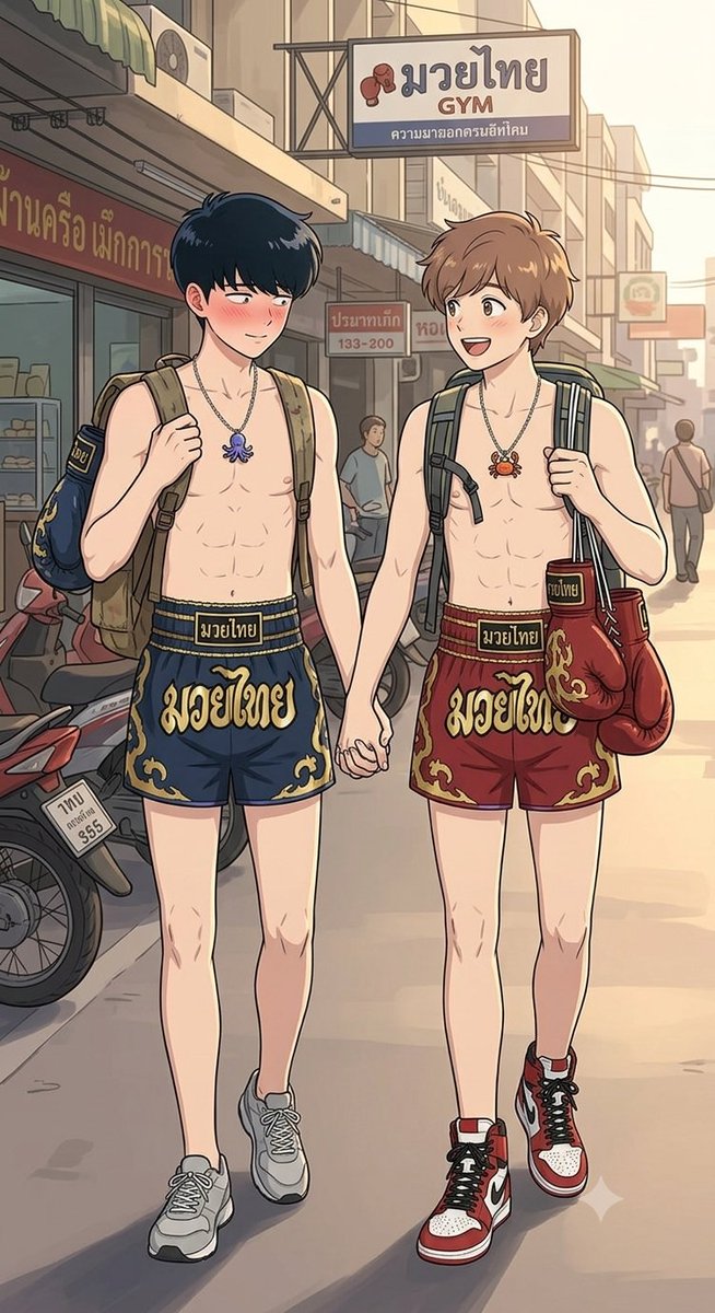 Bili4519's tweet photo. After 🥊Muay-thai training, 🦀 #Hirose &amp; 🐙#Nakamura walk back home chatting and holding hands 🥰

(there's a little vid this time)

It's hot🥵, so they wouldn't wear a shirt

#GanbareNakamuraKun #GoForItNakamura #nakahiro https://t.co/NxXulzEDaD