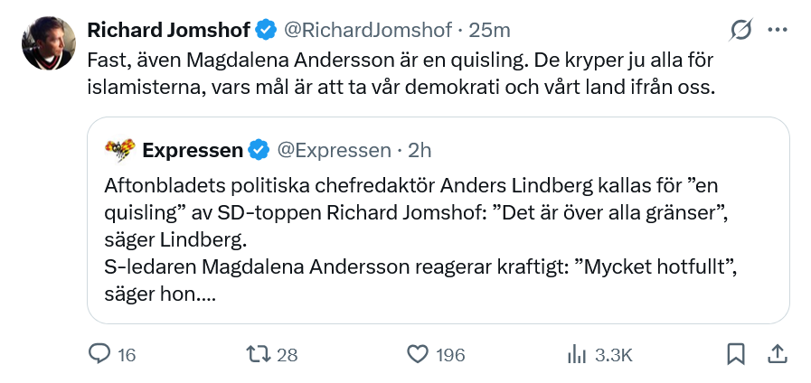 vpressfeldt's tweet photo. Nu är även Magdalena Andersson en landsförrädare enligt Jomshof. Jag gissar att kampanjledningen i Moderaterna drar sig i håret. https://t.co/eKRXwXC36y