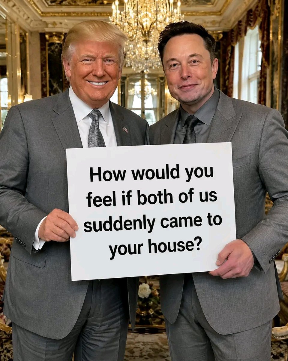 _animals_1's tweet photo. ❓If Donald Trump 🇺🇸 and Elon Musk 🚀 unexpectedly showed up at your front door, what would your reaction be?

🅰️ Welcome them! 🤝
🅱️ Be shocked! 😲
🅲️ Take a selfie! 📸
🅳️ Close the door! 🚪 https://t.co/EyupeIxYD7