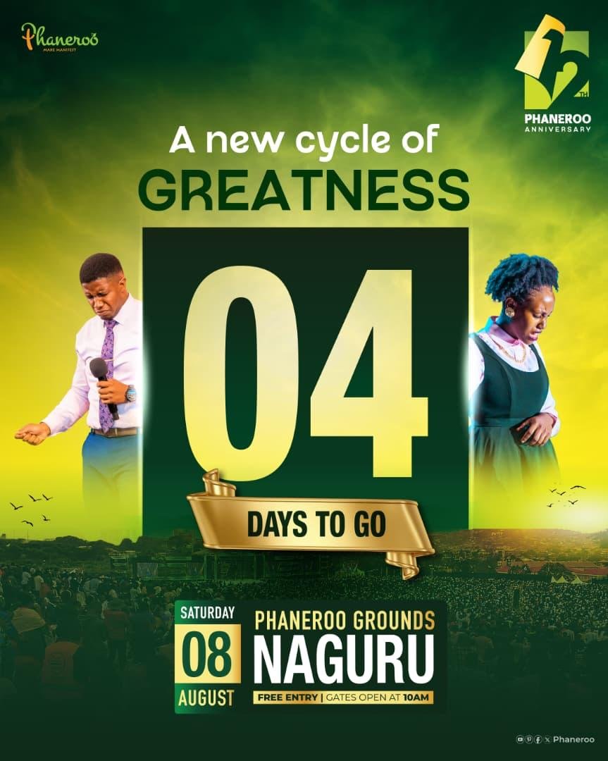 Izarqua's tweet photo. 04 Days to go…⌛️

#PhanerooAt12 | Saturday, 8th August, 2026 | Phaneroo Grounds, Naguru &amp; Regional Celebration Centres 

📌Gates open at 10am. FREE ENTRY

 #ANewChapter https://t.co/3SQb8gRcRv