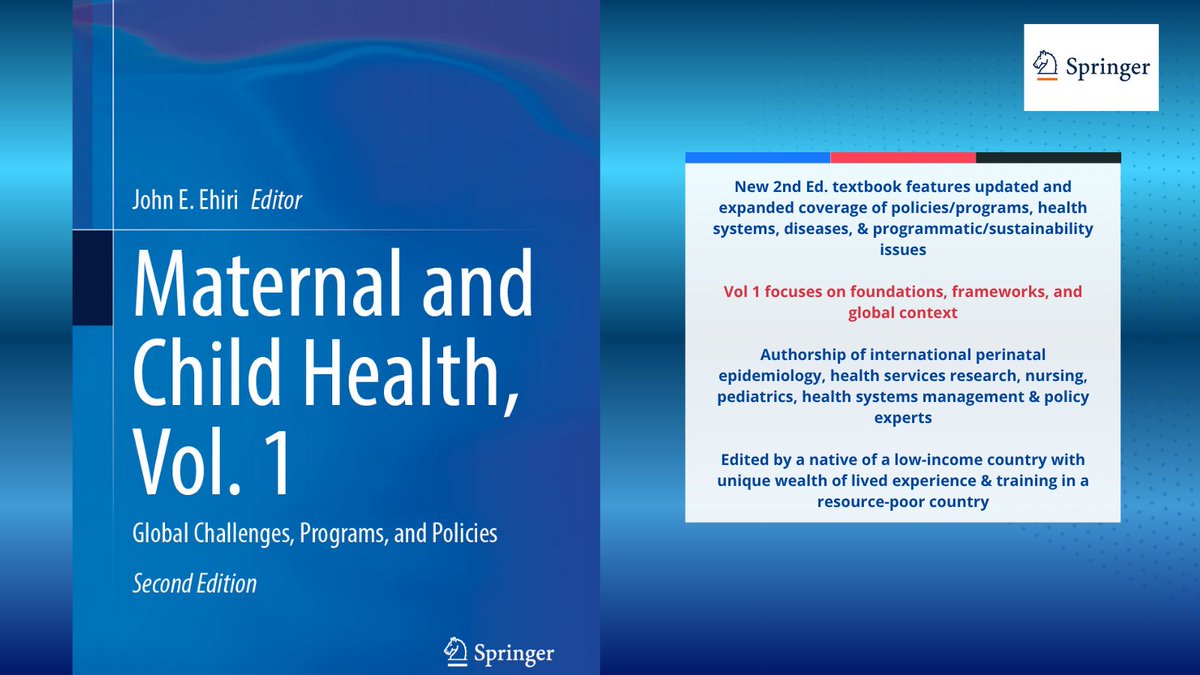 SpringerPBH's tweet photo. NEW 2nd Ed! This 3-volume textbook updates/expands on concepts of global MCH issues that affect reproductive, maternal, newborn, child &amp; adolescent health that were introduced in the 1st ed in 2009. Vol 1 focuses on foundations, frameworks &amp; global context https://t.co/U9c2890qAX https://t.co/bxaA2MFNVt
