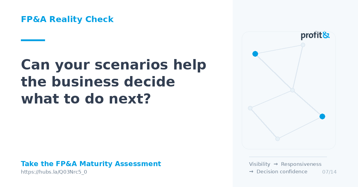 Profitand1's tweet photo. Scenario planning should change decisions.

A scenario pack can look impressive and still arrive too late, stay too high-level or miss the choices leaders need to make.

Can your scenarios show the options and trade-offs available?

Guide: https://t.co/fM7cSVeUX2

#FPandA #CFO https://t.co/EYeQZEwSde