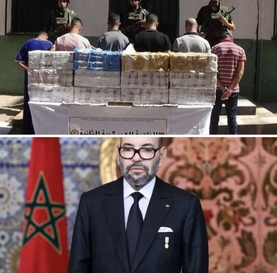 drhossamsamy65's tweet photo. ⛔️Europe’s biggest drug lord is named King Mohamed VI, and he answers to his Israeli handler and counselor Andre Azoulay‼️

''Spain remains the main European entry point for Moroccan cannabis resin, seizing more than 650 tonnes in 2021'' according to the European Union Drugs Agency.‼️

⛔️Per Algerian authorities, the country has seized tens of tonnes of cannabis resin smuggled from Morocco every year.‼️

2021: 71 tonnes
2022: 58 tonnes
2023: 44 tonnes
2024: 36.8 tonnes

⛔️And that’s just what didn’t go through!