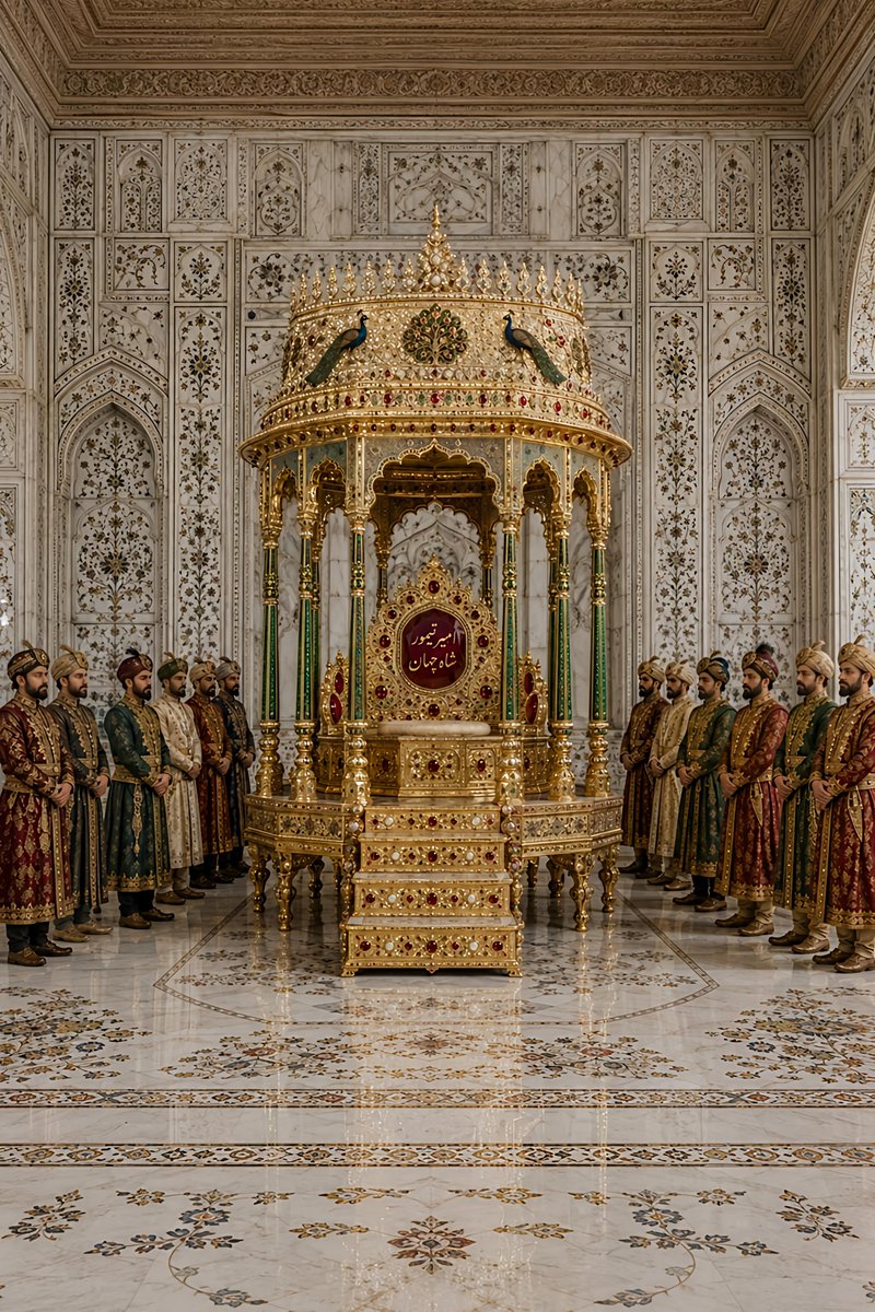 YildirimAli13's tweet photo. Bâbürlü Şah Cihan'ın 1634-35 tarihli meşhur taht-ı tavus / tavus kuşu tahtı...
Lahorî'nin Padişahnâmesindeki anlatımının AI tarafından bire bir tasviri.
Altın kaplamalı ve on iki direkli olan taht sayısız lâl, yakut, inci ve zümrütlerle bezenmiş olup, farklı tasvirlere sahiptir. https://t.co/1wWXdsbqe5