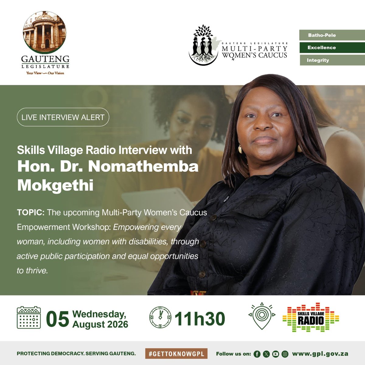 GPLegislature's tweet photo. INTERVIEW ALERT!
Hon. Dr. Nomathemba Mokgethi on Skills Village Radio, discussing the upcoming Multi-Party Women's Caucus Empowerment Workshop.
Listen Live on https://t.co/4nqXt04iLl
#GPL #GetToKnowGPL https://t.co/SwECT0s1nk