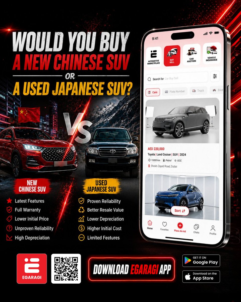 eGaragi's tweet photo. New Chinese SUV or used Japanese SUV - which one would you choose? 🚘

#EGARAGI #usedcarsuae #dubaicars #cardealsuae #carbuyer #carbuyers #carseller  #ChineseCarsUAE #JapaneseCarsUAE https://t.co/sMkAwIxDxU