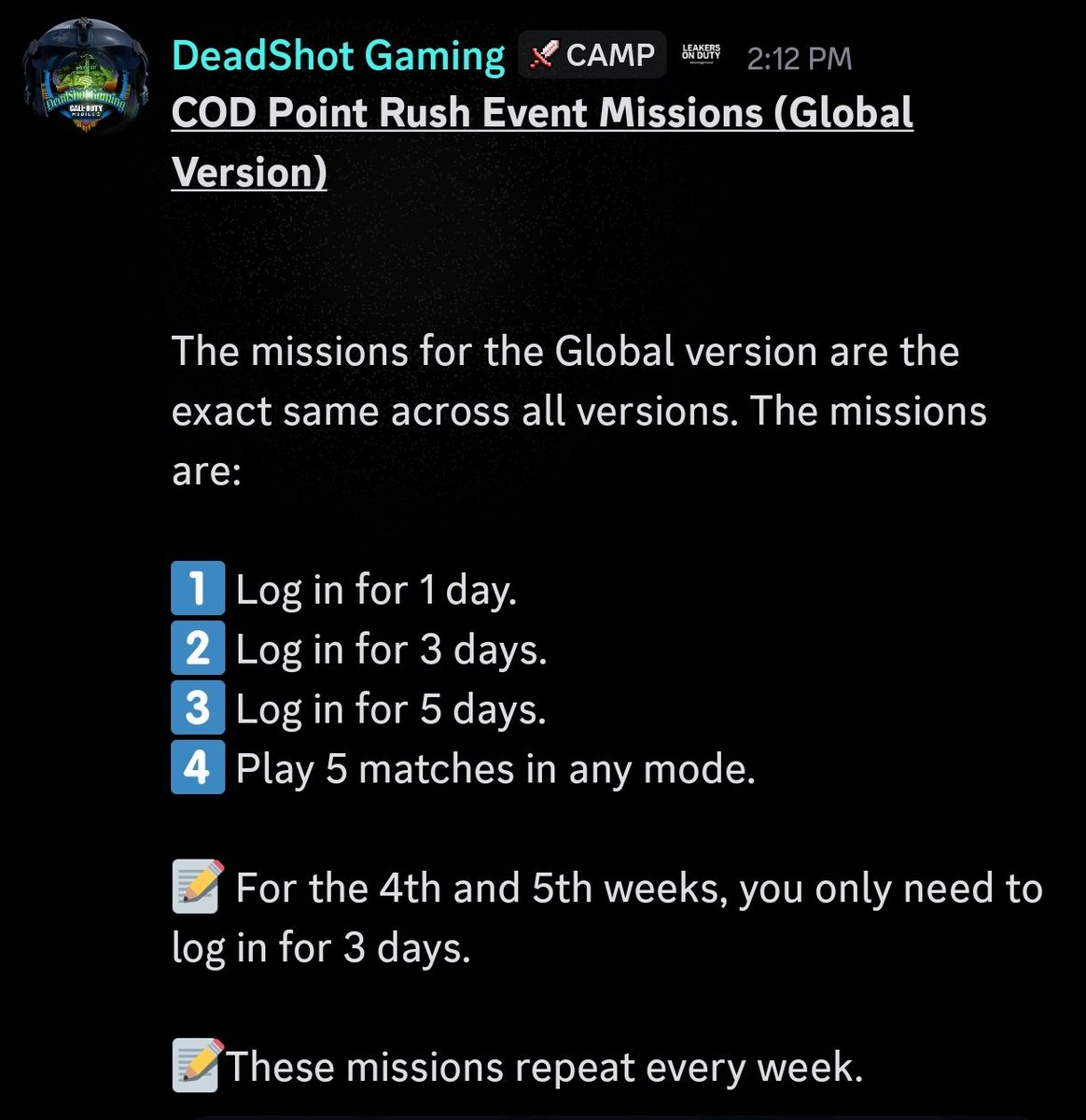 dumlootgoblin's tweet photo. LCP missions for global - glad they are mostly login based =3

#codm https://t.co/4BfoenRjln