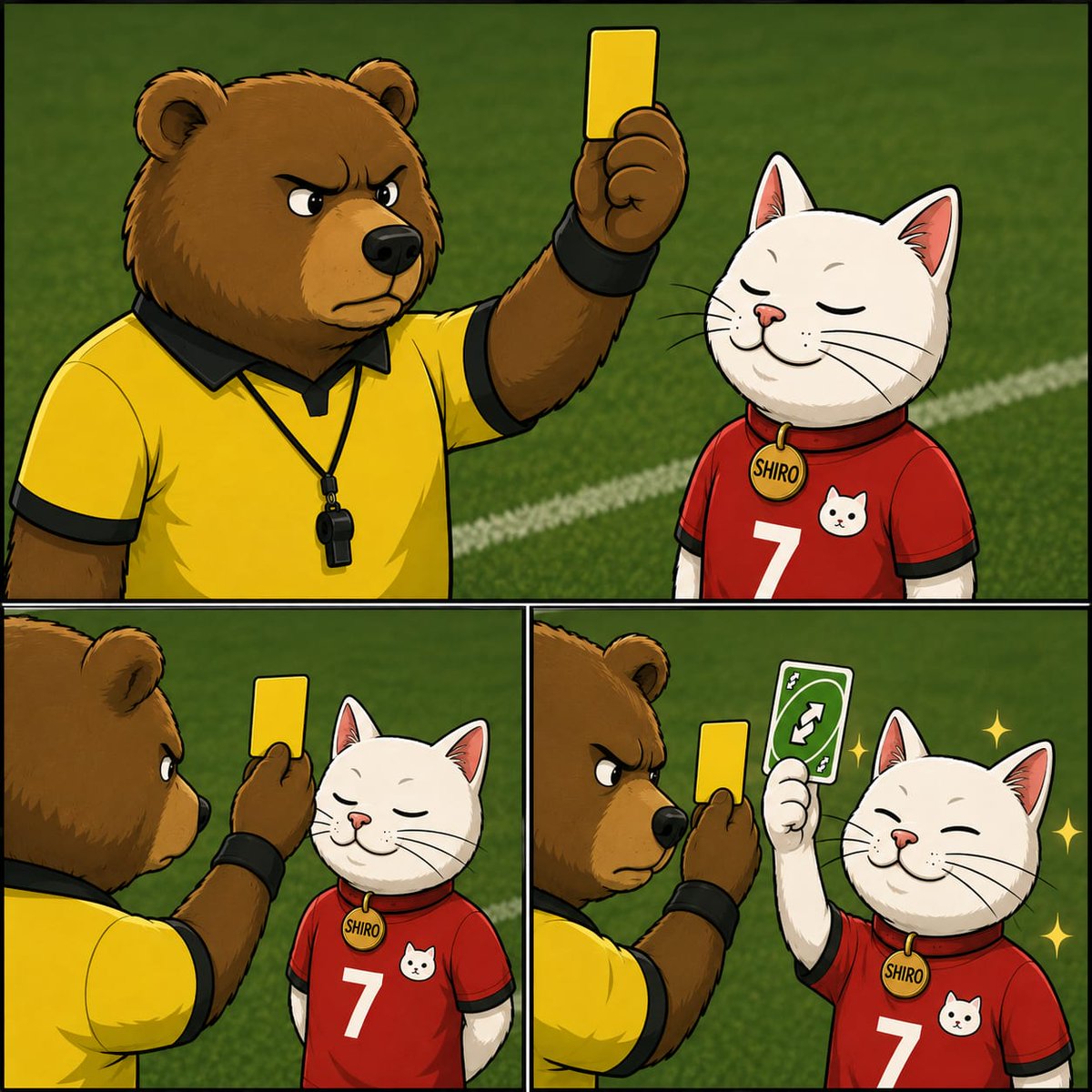 shiro's tweet photo. 🐻 Bear Market: "Here's a yellow card."
🐱 $SHIRO: "Reverse." 🔄
Maybe we've spent enough time in the Bear Market...
The Cat Market might be closer than people think. 😼📈
Stay patient. Keep building. Keep accumulating.
@mogcoin @Toshi @solana
#SHIRO #CatMarket #Memecoin #Crypto #Solana #ShiroArmy