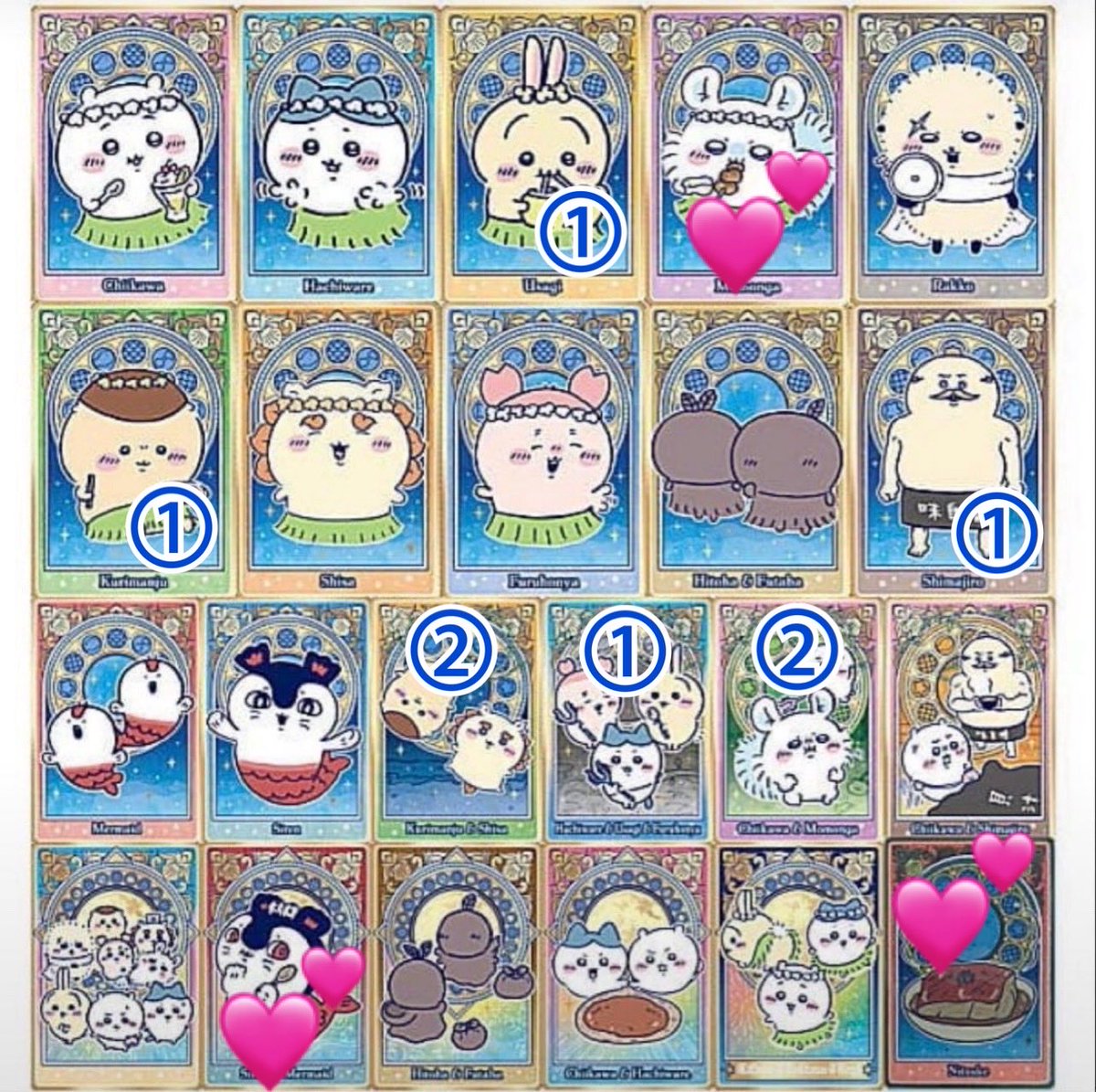 ogichan123's tweet photo. <交換>ちいかわ ウエハース 
変更点あり

【譲】※画像青文字参照
島二郎/くりまんじゅうシーサー/ちいかわモモンガ/ハチワレ古本屋

【求】※画像💕
セイレーンR>シークレット煮付け>モモンガ
レアは1:n お気軽にご提案下さい！

うさぎは条件次第で考えさせて下さい。
八王子・立川・新宿手渡し>郵送 https://t.co/oBVQonWuum