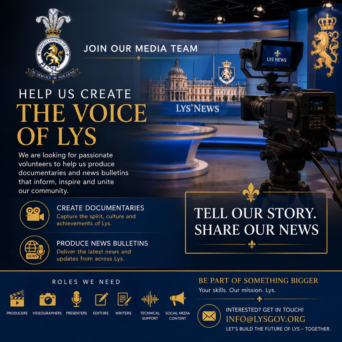 LysGov's tweet photo. Lys is recruiting Media & Communications Volunteers!
We’re looking for News Presenters, Documentary Narrators, Filmmakers, Editors, Videographers, Photographers and more to help craft the voice, visuals and stories of our principality.
Shape our narrative. Tell our stories.
#Lys https://t.co/b6bFkwlDyf