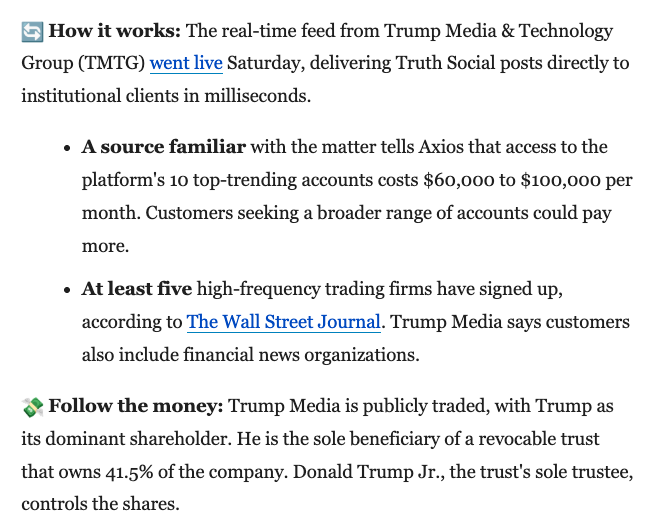 Ike_Saul's tweet photo. I know a lot of people have already posted about it. But it's really just... I don't know. The president is selling 6-figure access to his social media feed so Wall Street algorithms can beat you to the punch and fleece you before news even hits your phone. He's making millions on a system designed to give a massive advantage to major corporate traders who can afford a feed that gives them information first. It's the single most corrupt thing I've ever seen a politician do with their office. Literally.