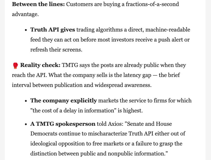 Ike_Saul's tweet photo. I know a lot of people have already posted about it. But it's really just... I don't know. The president is selling 6-figure access to his social media feed so Wall Street algorithms can beat you to the punch and fleece you before news even hits your phone. He's making millions on a system designed to give a massive advantage to major corporate traders who can afford a feed that gives them information first. It's the single most corrupt thing I've ever seen a politician do with their office. Literally.