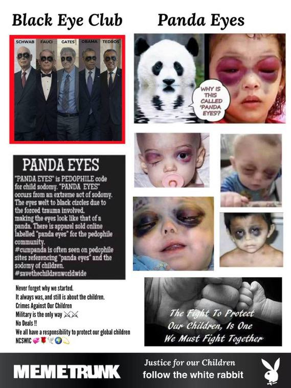 PhilomenaGrady's tweet photo. When the World finds out about Panda Eyes 🐼and the Black Eye Club it's GAME OVER 😭💔

Never forget why we started
It always was, and still is about the children

Crimes Against Our Children

Military is the only way ⚔️⚔️
No Deals !!

💞🌹🕊🌍💫 https://t.co/5AELo4dFjv