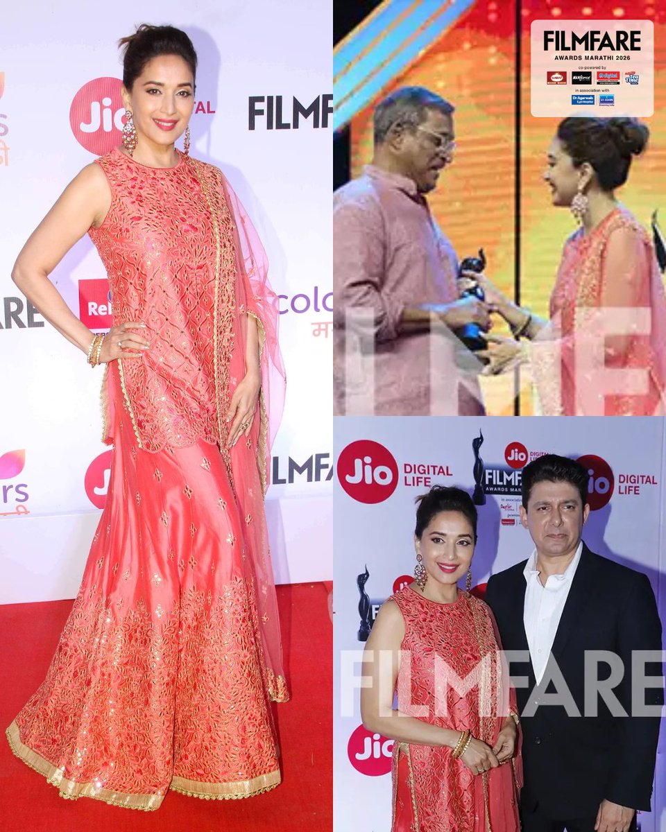 filmfare's tweet photo. Throwback to when Madhuri Dixit Nene graced the Filmfare Awards Marathi with Dr. Nene and presented the Black Lady to Nana Patekar. 😍

Get ready to witness the biggest celebration of Marathi cinema on August 6 at the Filmfare Marathi Awards 2026.✨

Co Powered By: Samrat India
@ManforceIndia 
@RelianceDigital 
Maliban India

In Association with: @dragarwals_eye 
@VIJOHNGROUP 

#FilmfareAwardsMarathi2026
#FilmfareAwardsMarathi
#FilmfareAwards
#Filmfare
