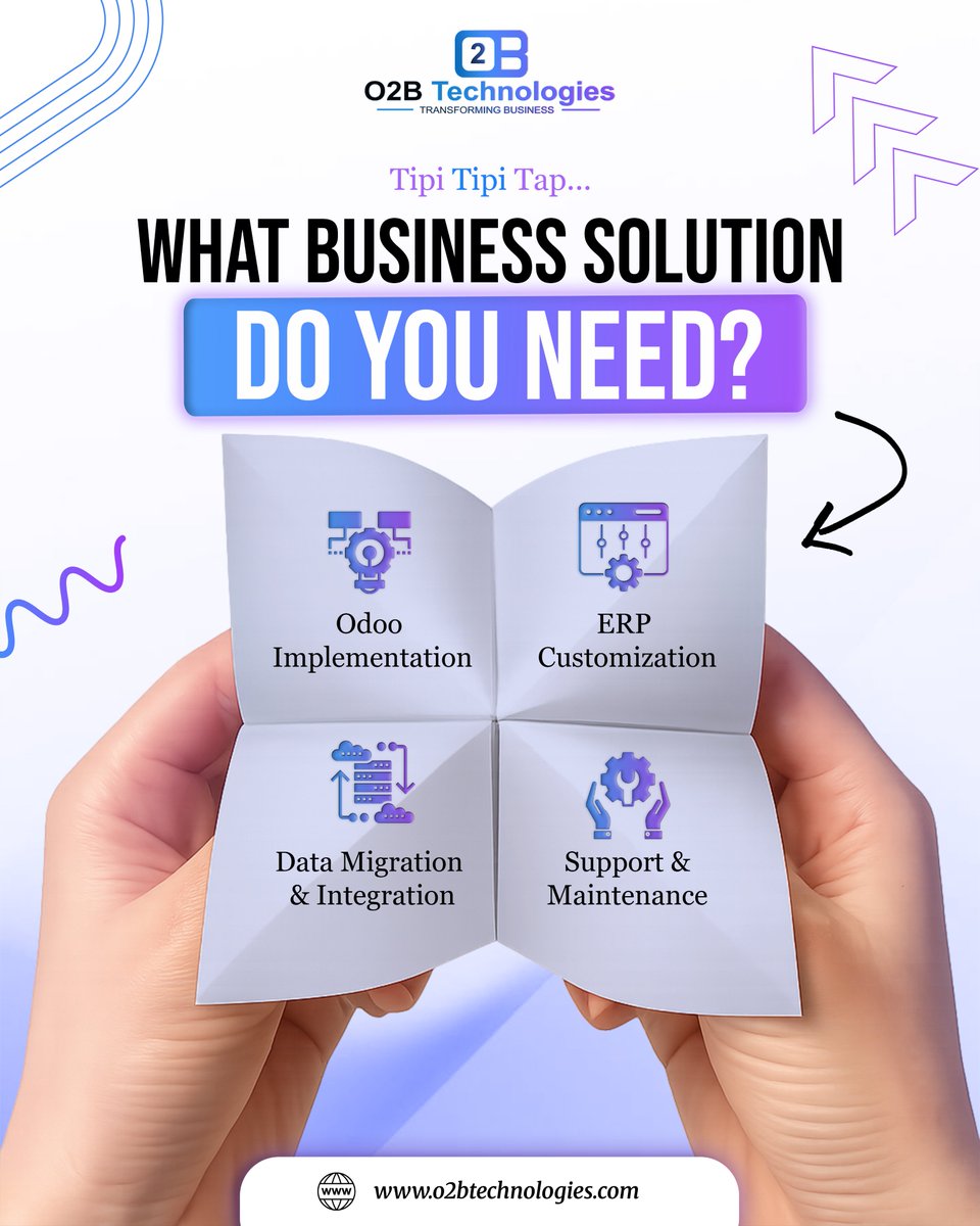 O2bTechnologies's tweet photo. What business solution is at the top of your priority list right now?

🔹 Odoo Implementation
🔹 ERP Customization
🔹 Data Migration
🔹 Support &amp; Maintenance

Reply with your choice; we'd love to know.
#Odoo #ERP #O2BTechnologies https://t.co/xb1bryhYUs
