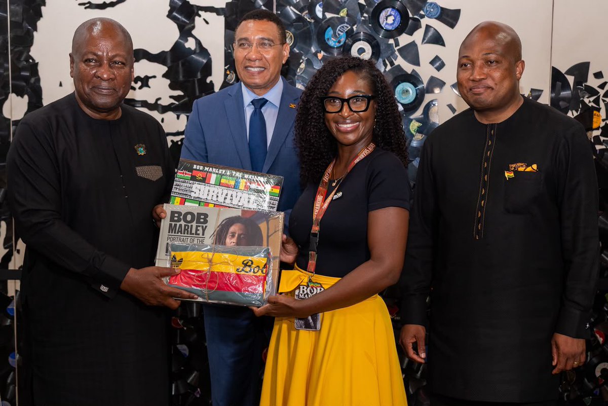 AndrewHolnessJM's tweet photo. It was a special moment to welcome His Excellency John Dramani Mahama, President of the Republic of Ghana, to the Bob Marley Museum and share in the powerful message of One Love. 

We continue to celebrate the connections that unite our two nations. https://t.co/0CgwQupvGJ