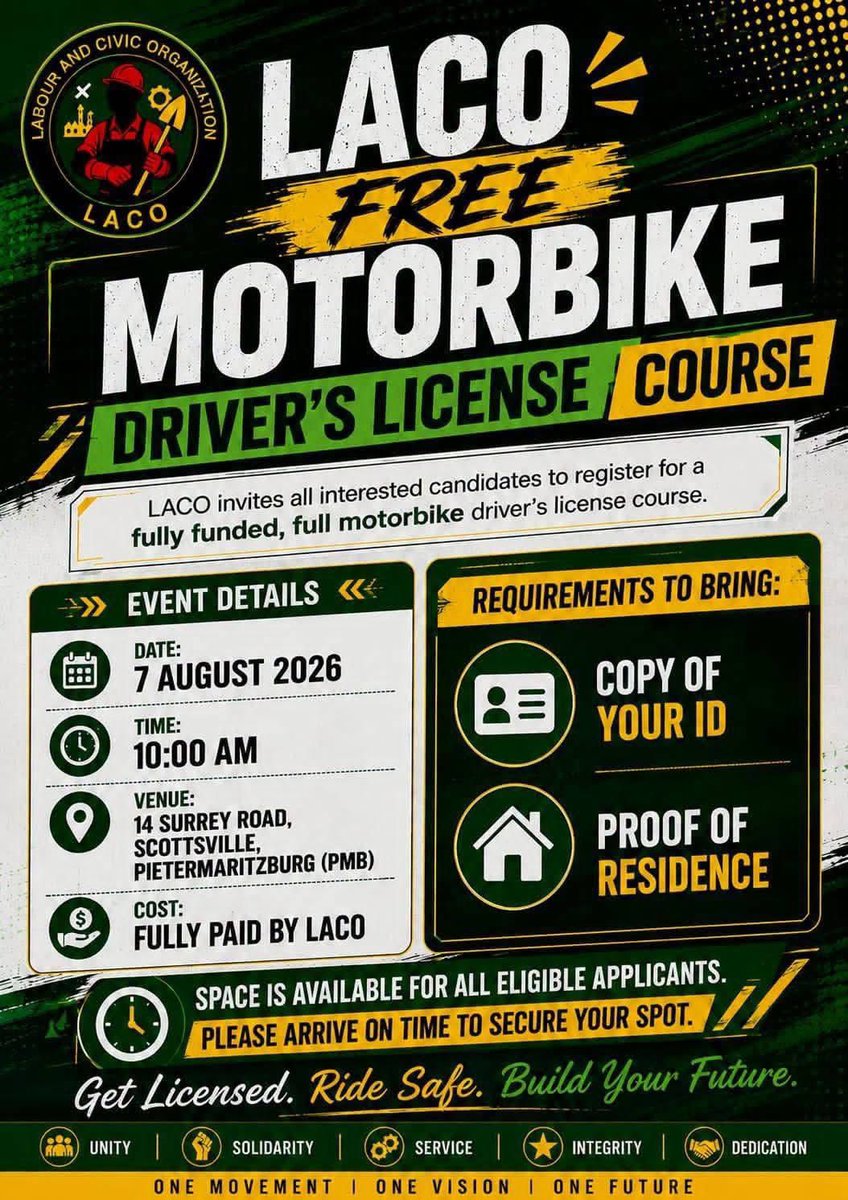JacintaNgobese's tweet photo. I saw a post from Mlungisi Mancinza saying that LACO is offering a few people free bike lessons and I’m so happy to share that as promised CMC Global is looking for drivers of Bikes and if you are not a qualified driver yet, here is your chance to get assistance from LACO and start working…🥹

It doesn’t end there, they also need Truck drivers and delivery truck drivers… Please share far and wide 🙏🏻‼️🇿🇦❤️