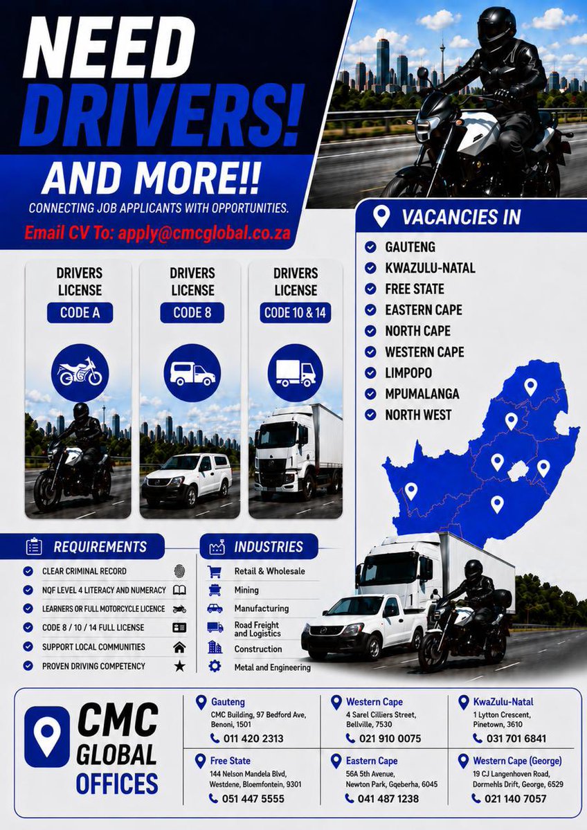 JacintaNgobese's tweet photo. I saw a post from Mlungisi Mancinza saying that LACO is offering a few people free bike lessons and I’m so happy to share that as promised CMC Global is looking for drivers of Bikes and if you are not a qualified driver yet, here is your chance to get assistance from LACO and start working…🥹

It doesn’t end there, they also need Truck drivers and delivery truck drivers… Please share far and wide 🙏🏻‼️🇿🇦❤️