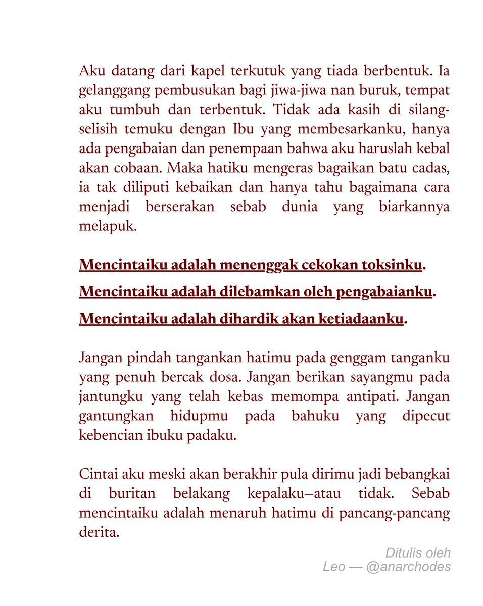 ANARCHODES's tweet photo. Mencintaiku adalah menaruh hatimu di pancang-pancang derita. https://t.co/K7I8xp4Zwo