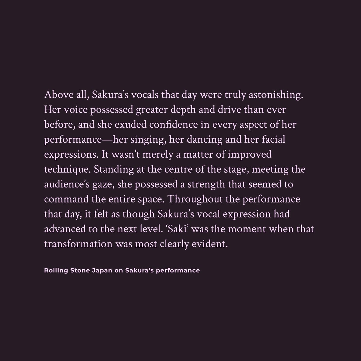 sakuraccess's tweet photo. Rolling Stone Japan on Sakura’s performance during ‘PUREFLOW’ tour in Japan:

‘Above all, Sakura’s vocals that day were truly astonishing. (…) Standing at the center of the stage, meeting the audience’s gaze, she possessed a strength that seemed to command the entire space.’ https://t.co/gOUIQzFwTu